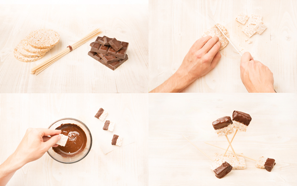 Piruletas de arroz cubiertas de chocolate