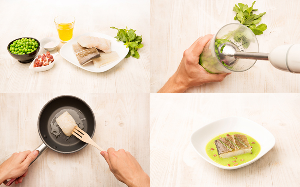 Crema de guisantes a la menta con bacalao y jamón