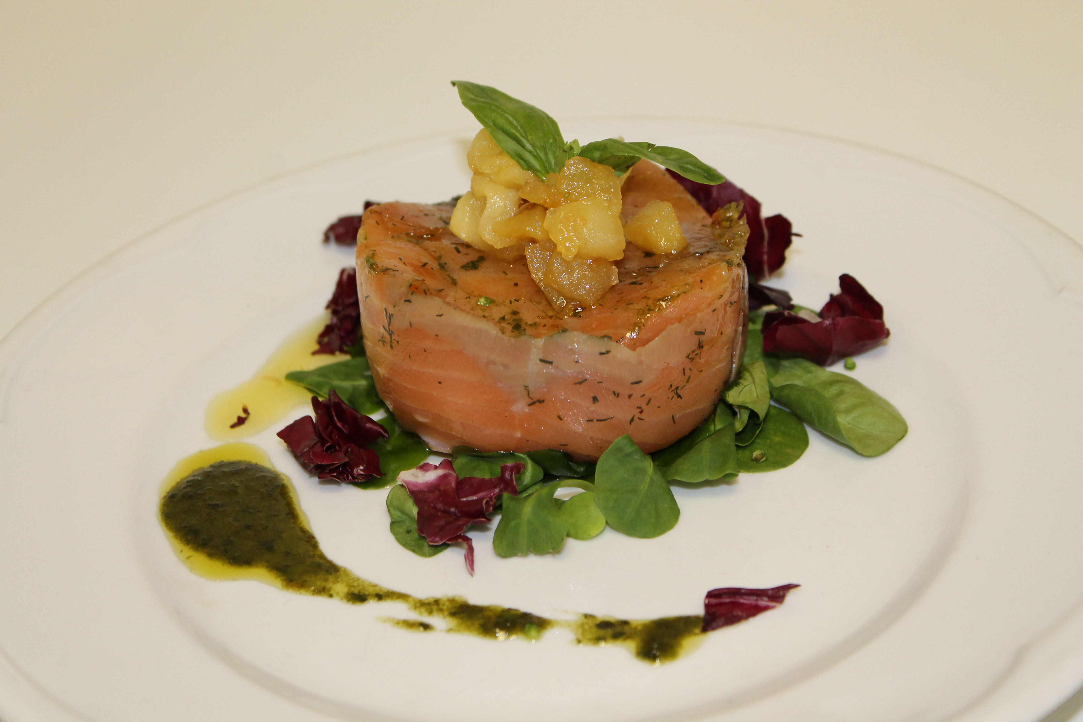 TIMBAL DE SALMON  MARINADO RELLENO DE MANZANA CON VINAGRETA DE ALBAHACA