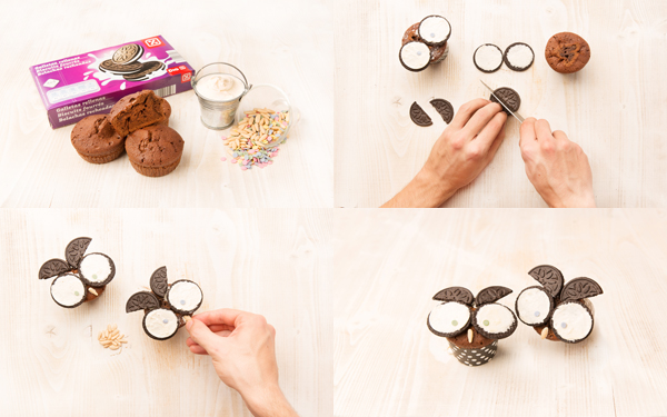Cupcake búho de chocolate y galletas