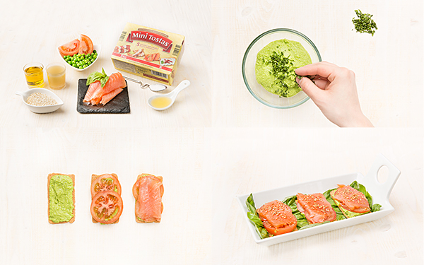 Tosta de puré de guisantes con salmón ahumado