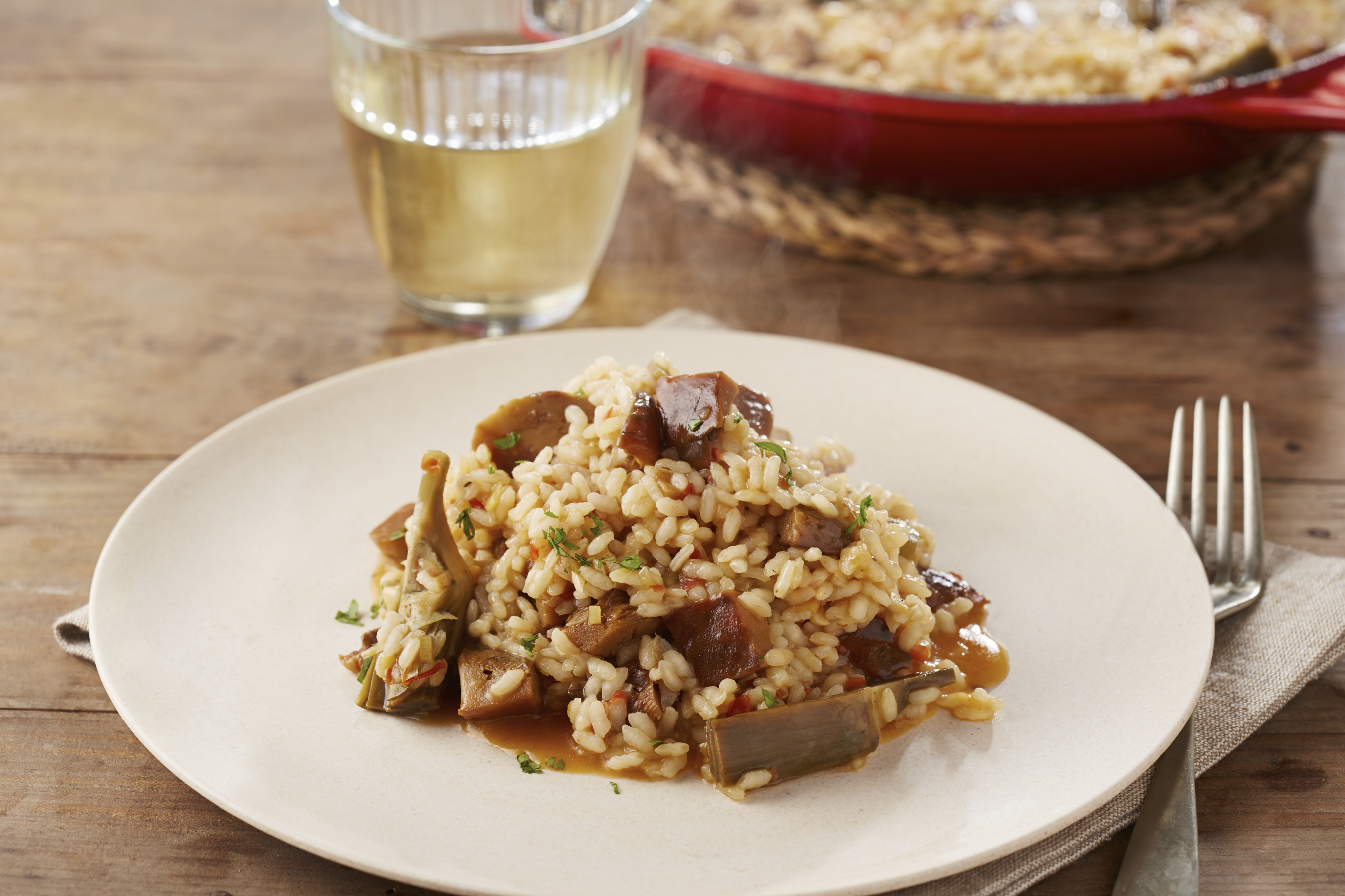 Arroz con alcachofas y champiñones