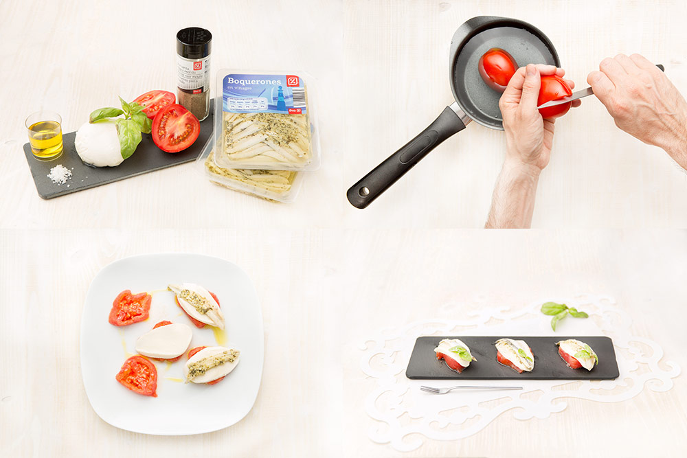 Boquerones en vinagre con tomates y mozzarella