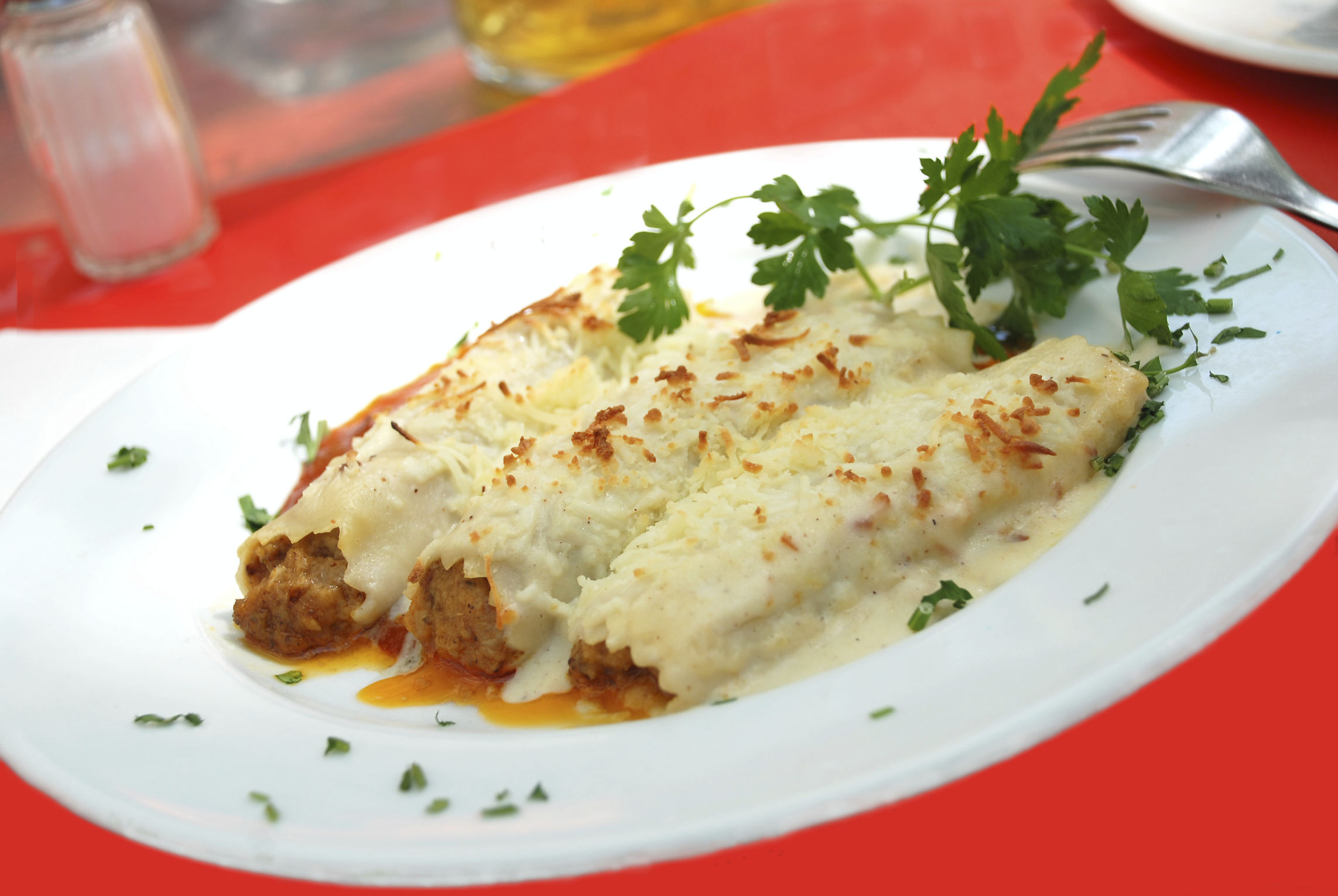 Canelones de carne con salsa bechamel