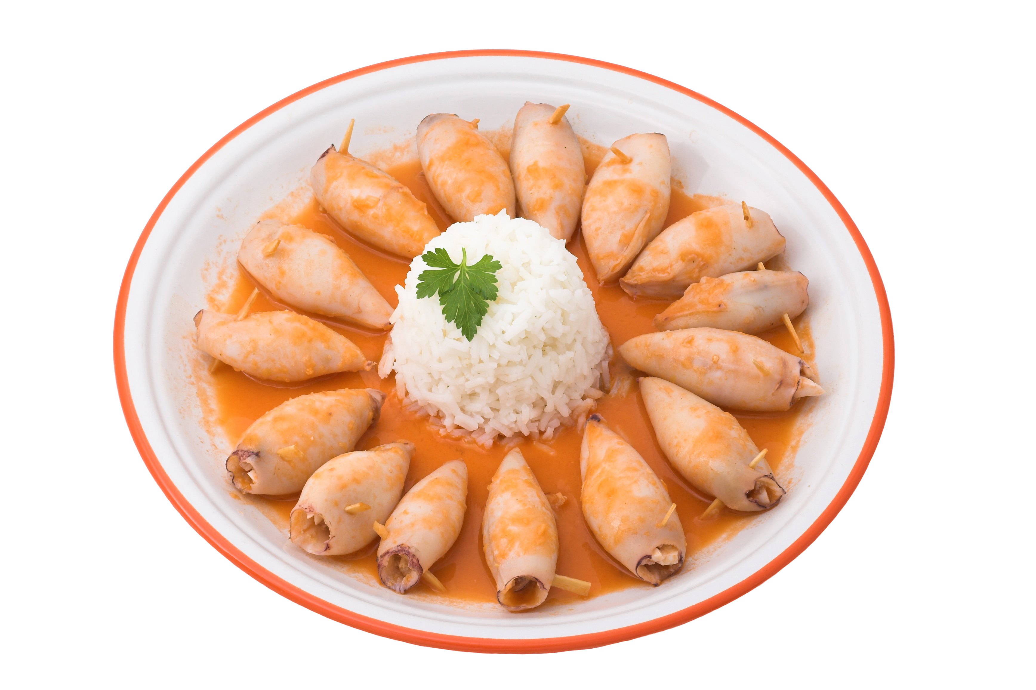 Chipirones rellenados de gambas y arroz