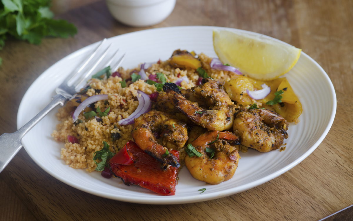 Gambas piri piri con ensalada de cuscús