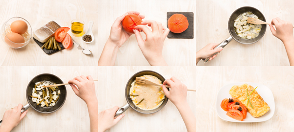 Tortilla de ajetes y bacalao con tomates y huevas