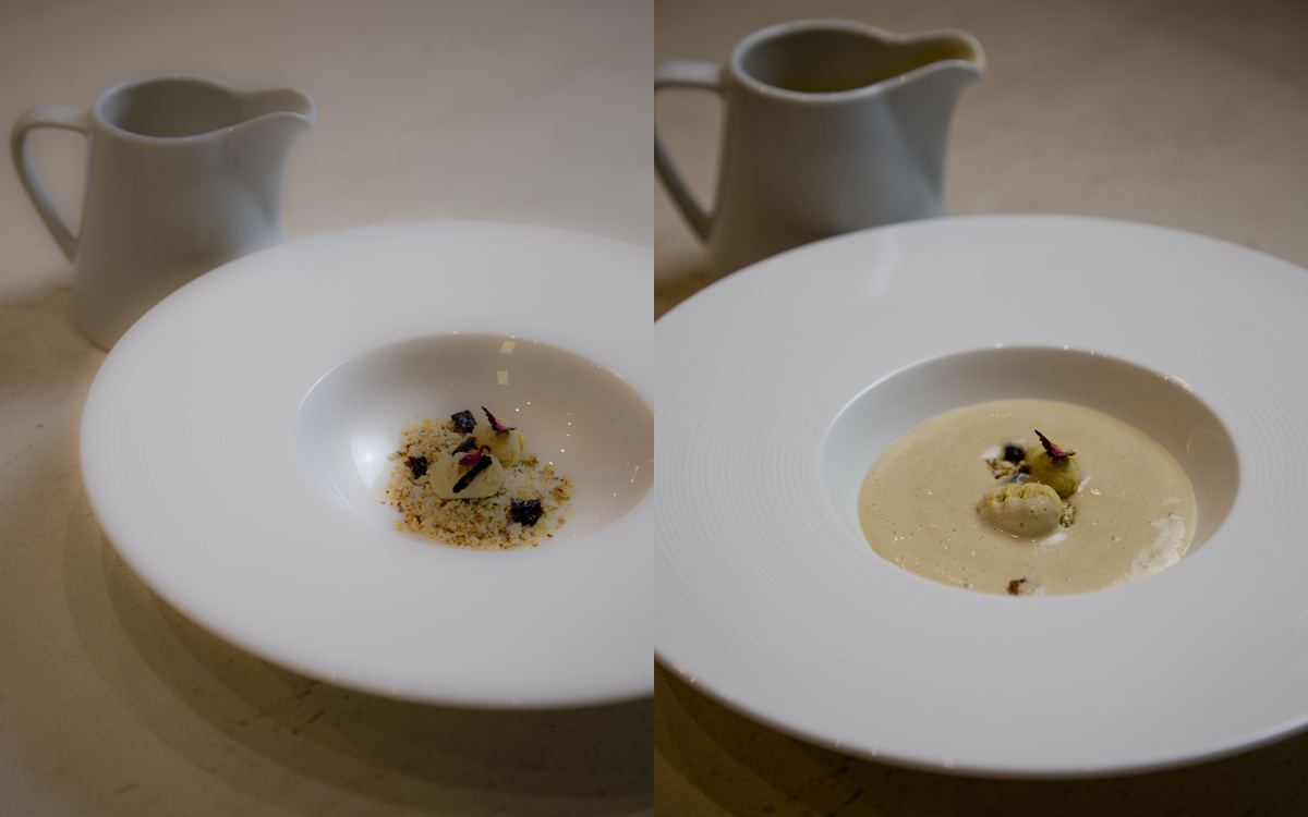 Sopa de Turrón, arena de guirlache y falsos ñoquis de crema de huevo