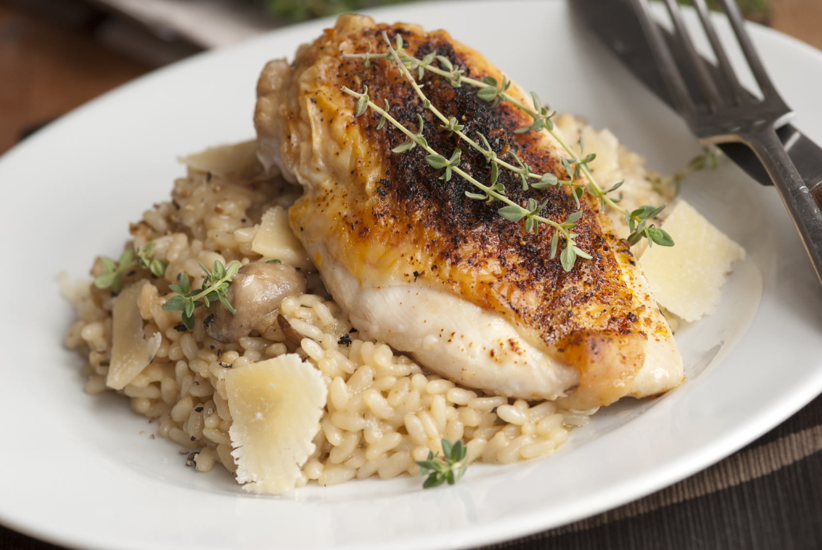 Risotto de champiñones con pollo al horno