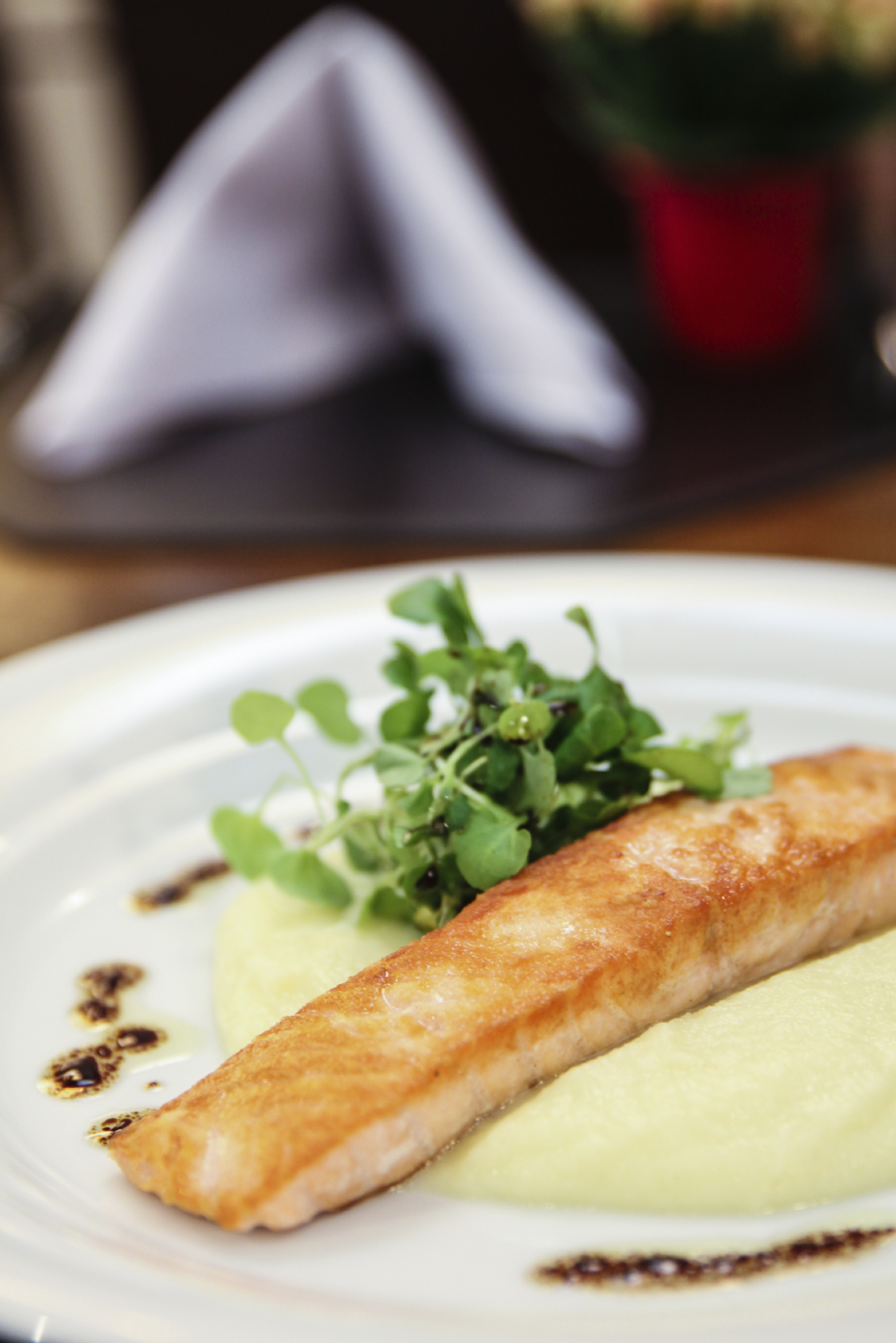 Salmón a la plancha con ensalada de berros y puré