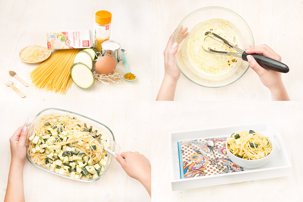 Espaguetis con salsa de calabacines al curry